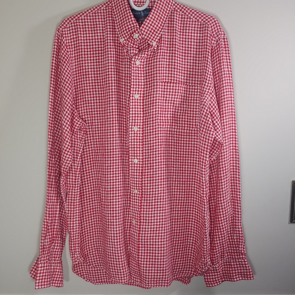 Men's Ralph Lauren 100% Linen Custom Fit Red/ White Gingham Button-Down Shirt L